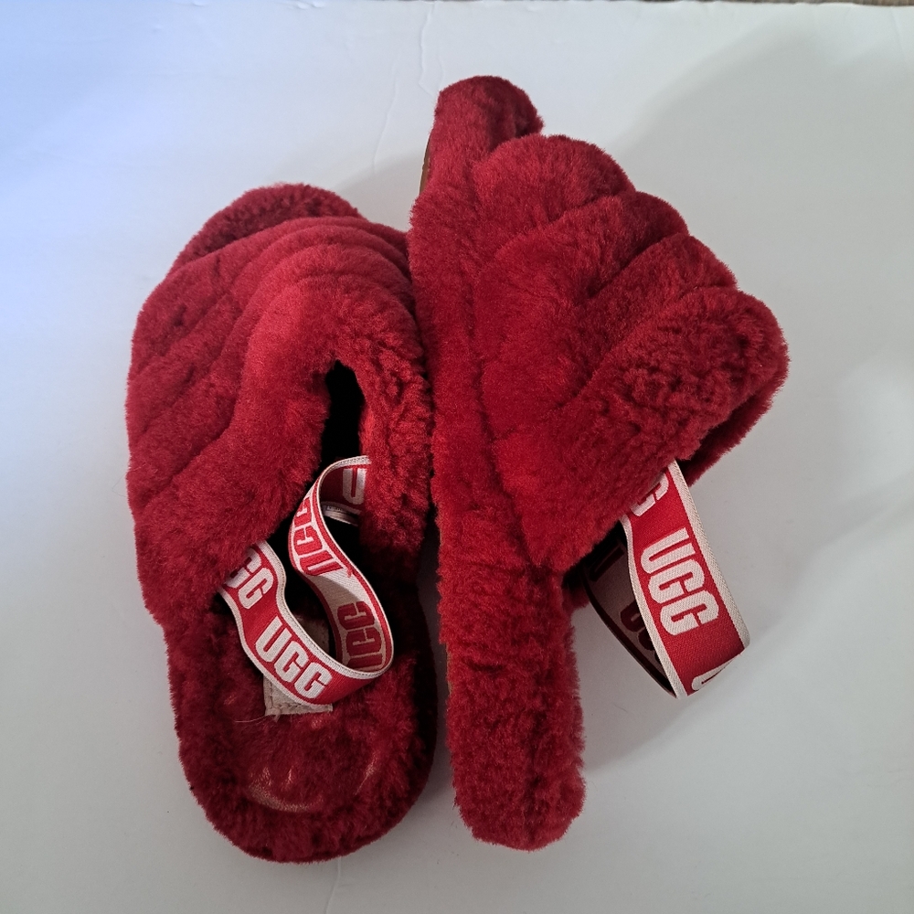 UGG Fluff Yeah Slide Slipper Sandals Red with White/Red Straps Size 5
